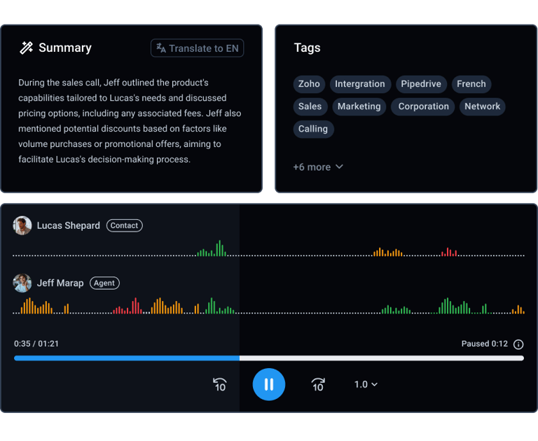 CloudTalk recorded call playback with summary
