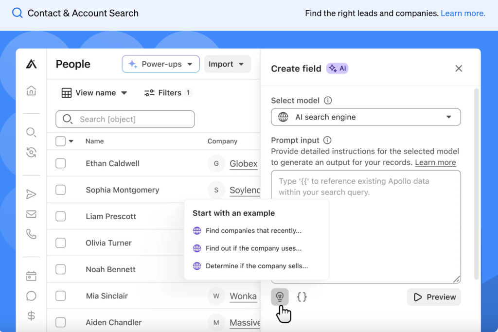 Image with a screenshot of Apollo’s contact and account search feature.