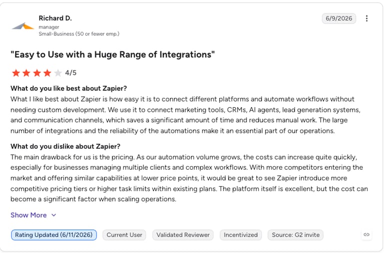 zapier g2 review