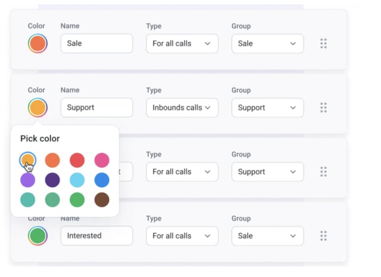 Screenshot of CloudTalk color coding for call tagging