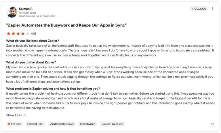 zapier g2 user review
