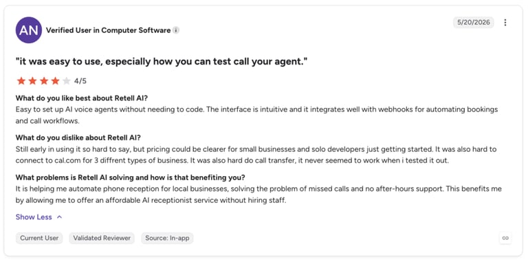 retell ai g2 user review