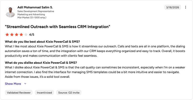 G2 review of Kixie PowerCall & SMS by Adil Mohammad Salim S.