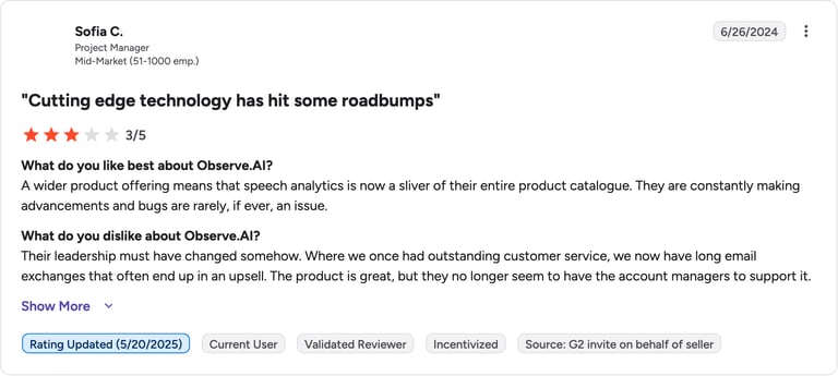 G2 review of Observe.AI by Sofia C.