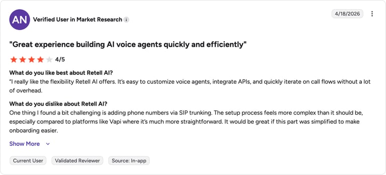 G2 review of Retell AI by AN