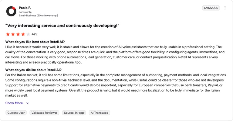 G2 review of Retell AI by Paolo F.