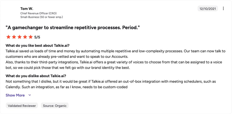 G2 review of Talkie.ai by Tom W.