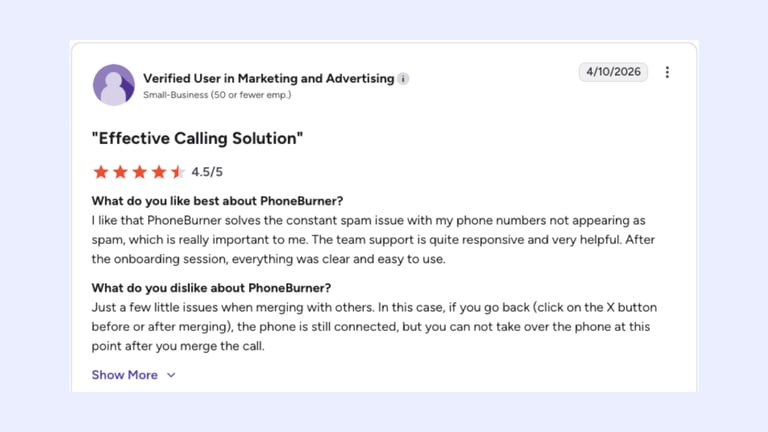 phoneburner review g2 screenshot