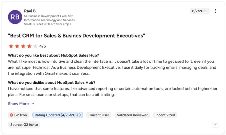 hubspot g2 rview