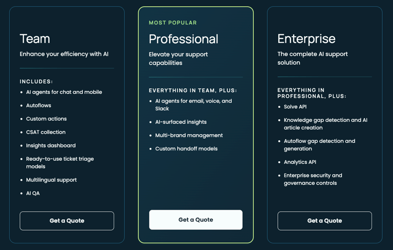 Forethought AI pricing page showing Team, Professional and Enterprise plans, each with a Get a Quote button instead of a price