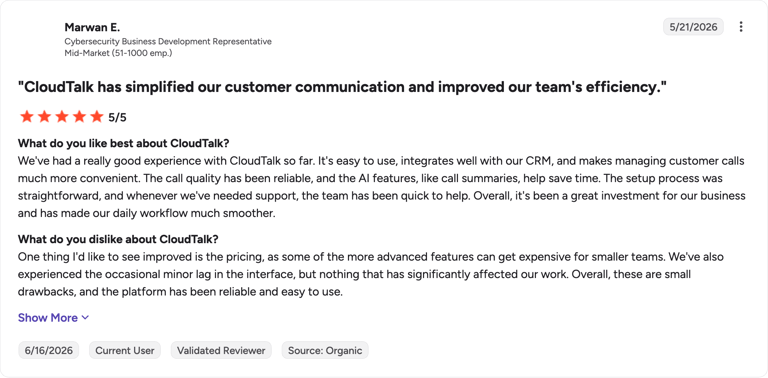 G2 review of CloudTalk by Marwan E.