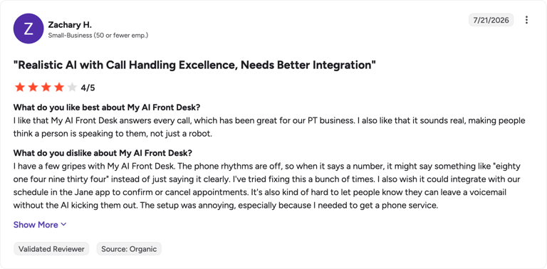 G2 review of My AI Front Desk by Zachary H.