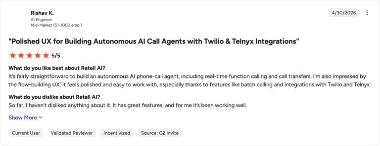 G2 review of Retell AI Reviews & Product Details by Rishav K.