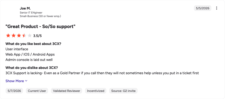 G2 review of 3CX by Joe M.
