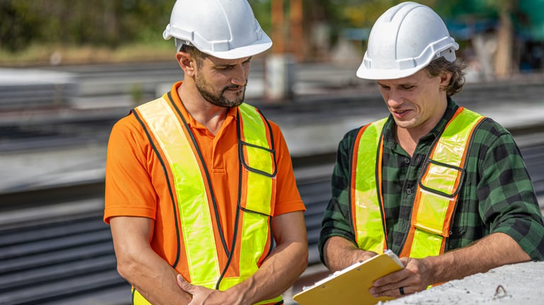 Two engineers in hard hats and safety vests reviewing a document on an industrial site