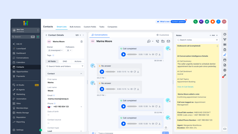 GoHighLevel integration preview, showing call recording