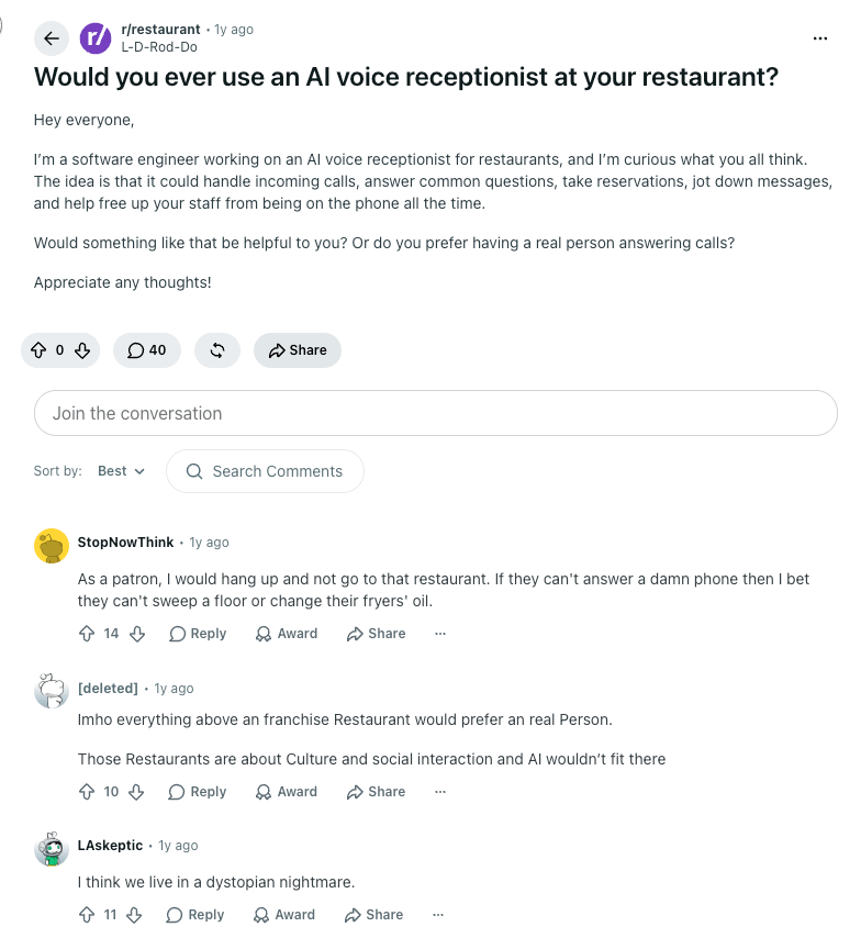 reddit thread op asking about ai voice receptionist use at restaurant. Responses are negative.