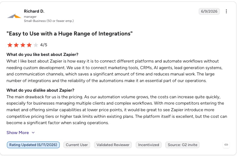 zapier g2 review