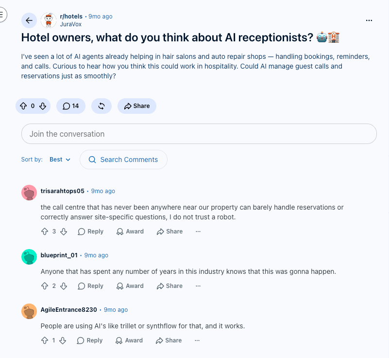 reddit thread ai receptionists for hotels