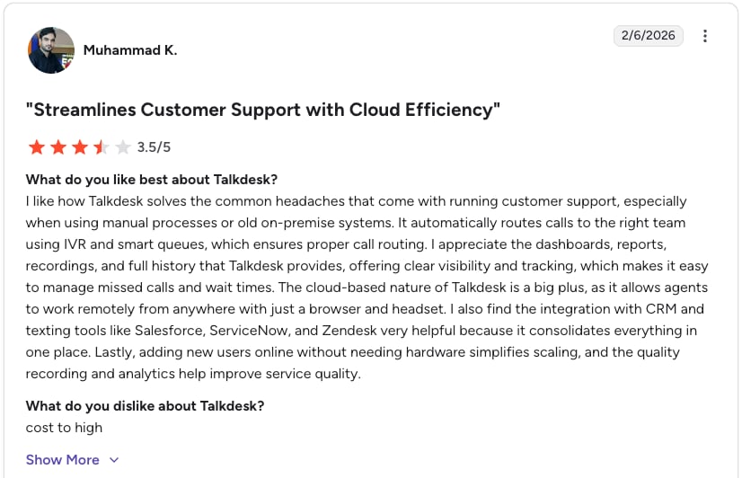 talkdesk review g2 screenshot