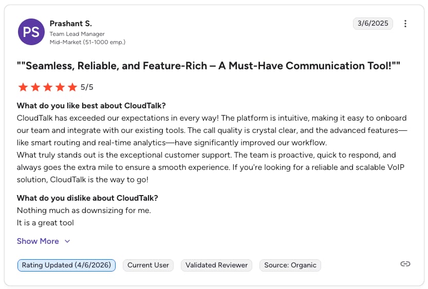 CloudTalk G2 review screenshot