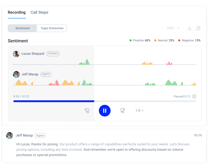 CloudTalk call recording and transcription screen