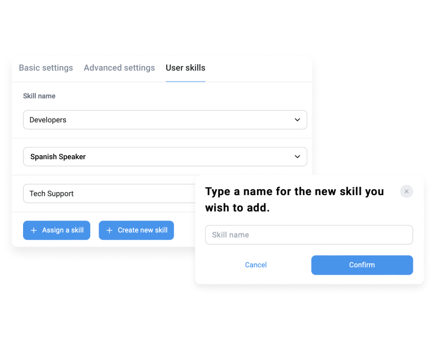 CloudTalk's Skills-Based Routing feature interface showing options to assign or create new agent skills.