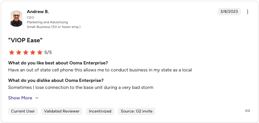 g2 review screenshot ooma