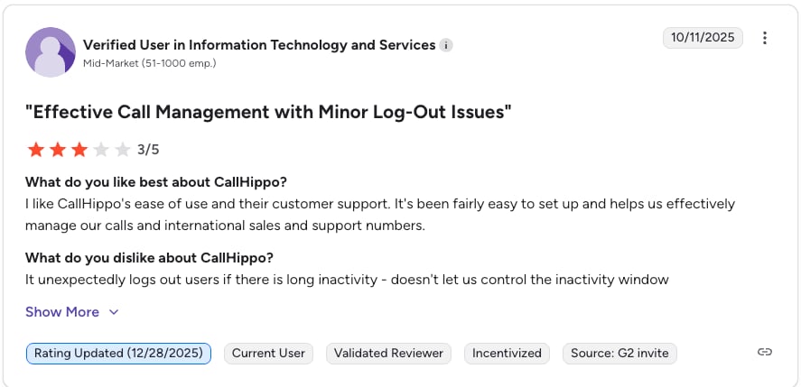 g2 review screenshot callhippo