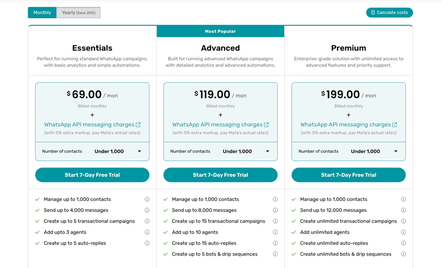 Screenshot of WANotifier's different platform pricing plans, showing Essentials, Advanced, and Premium.