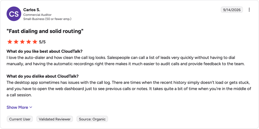 CloudTalk review on G2: "Fast dialing and solid routing," rated 5/5