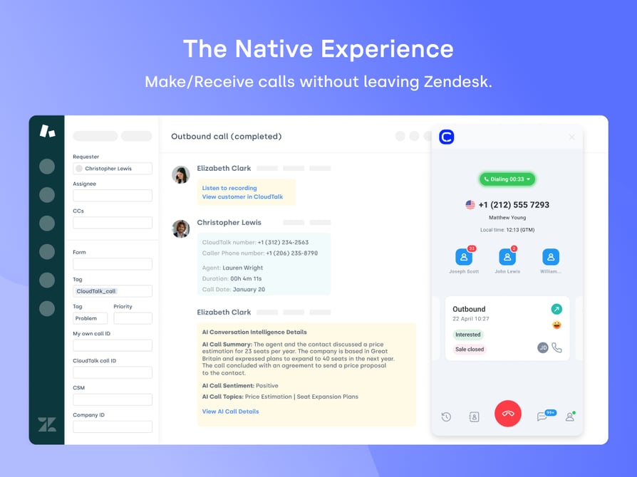 CloudTalk-Dialer in einem Zendesk-Ticket geöffnet, mit Link zur Anrufaufzeichnung, Anrufdetails und einer im Ticket protokollierten KI-Anrufzusammenfassung