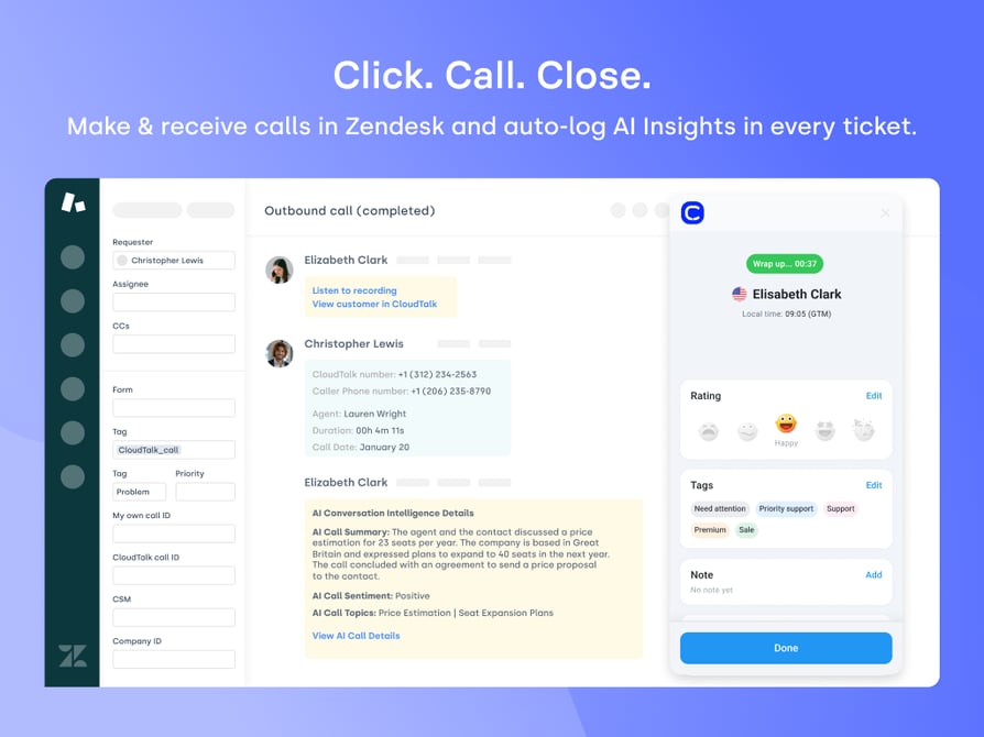 CloudTalk Nachbearbeitungs-Bildschirm in Zendesk mit Anruf-Bewertung, Tags und Notizen sowie KI-Conversation-Intelligence-Details im Ticket