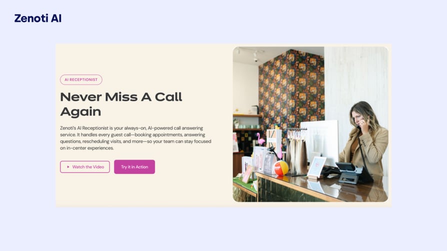 Zenoti AI Receptionist product page for salons and spas
