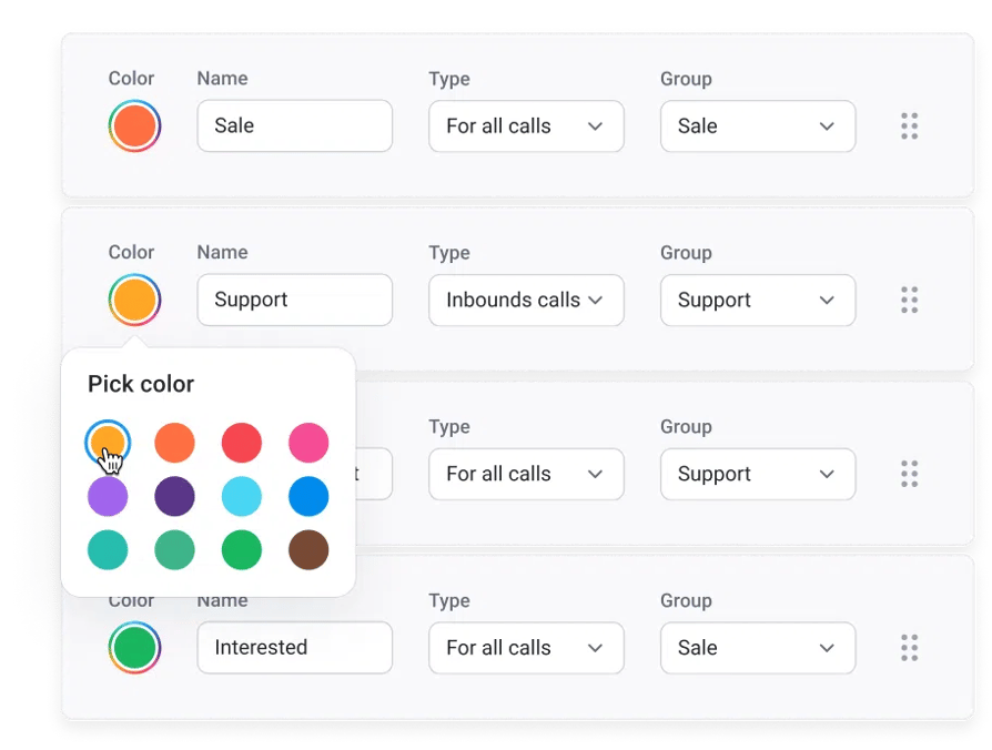 A screenshot of CloudTalk Call Tagging feature for organizing calls by category and color.