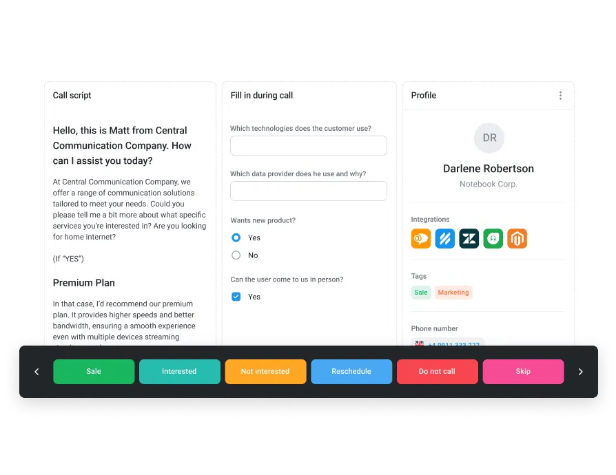 Call script feature with 3 separate panels, one with the script, one with an in-call survey, and one for the client’s profile
