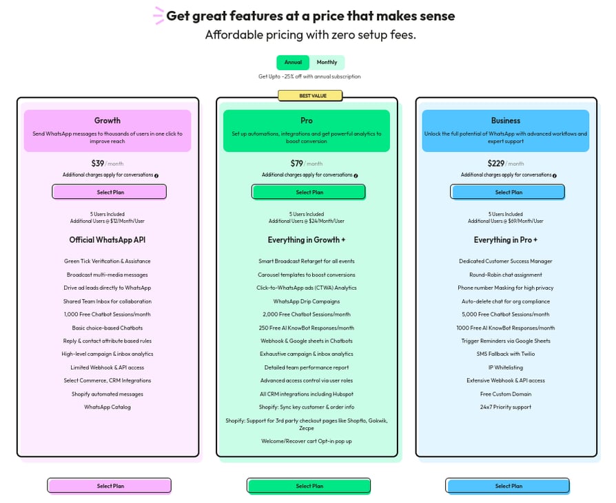 Screenshot of Wati's affordable pricing plans for a WhatsApp customer engagement tool.