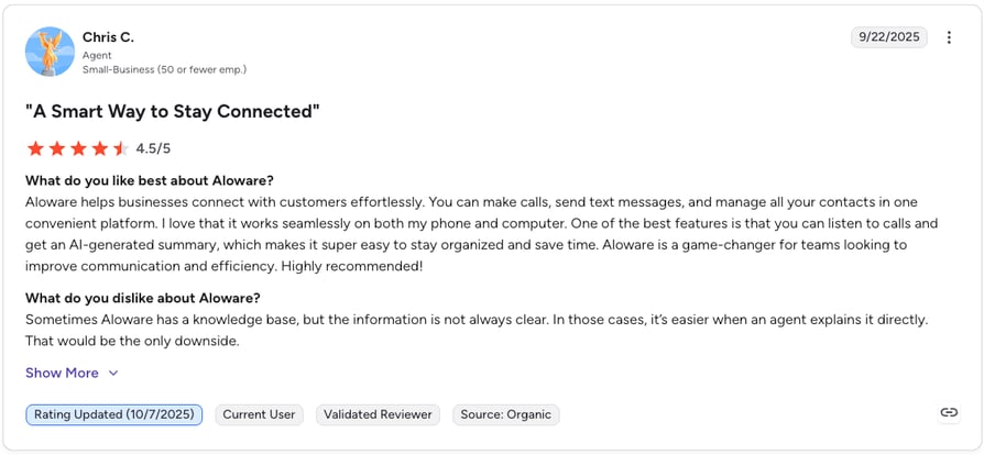 Aloware G2 review rating screenshot for Salesforce dialer