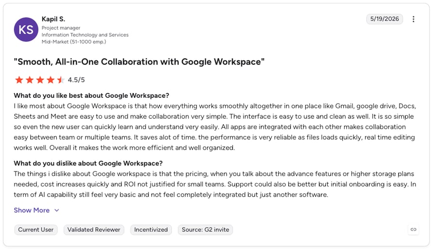 google sheets g2 review