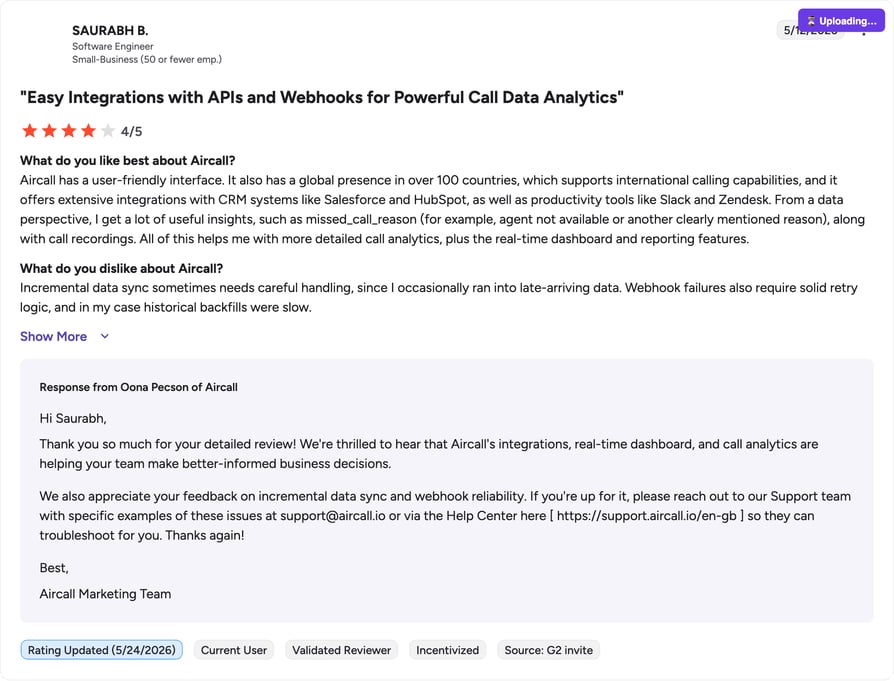 Aircall G2 review rating summary
