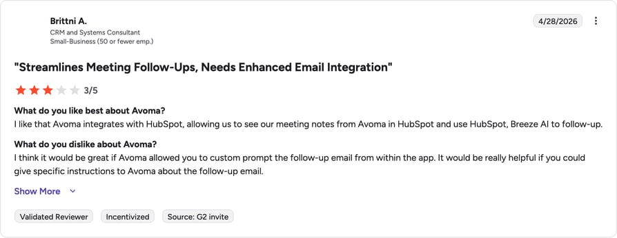 Avoma G2 review rating summary