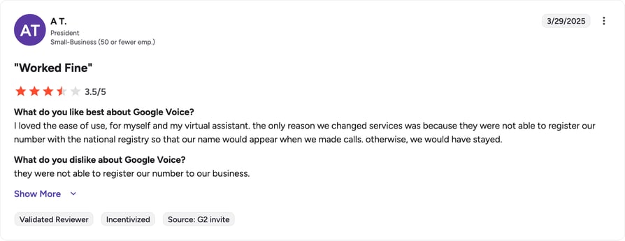 Google Voice G2 review rating summary