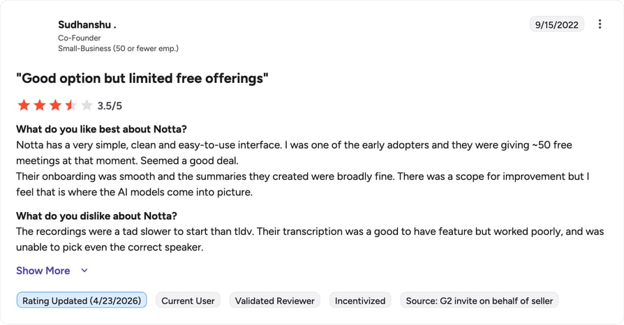 notta g2 review rating summary