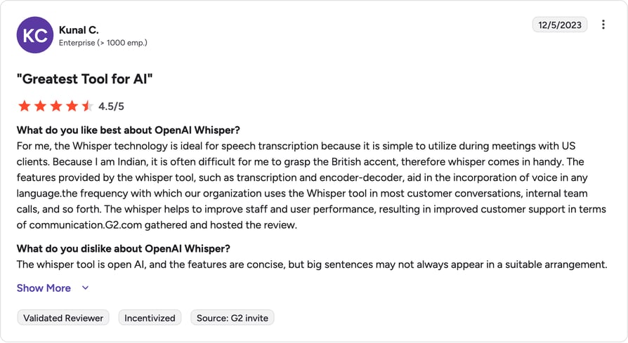 openai whisper g2 review rating summary