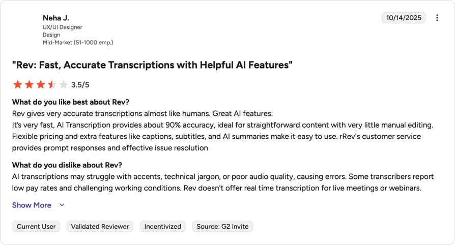 rev g2 review rating summary