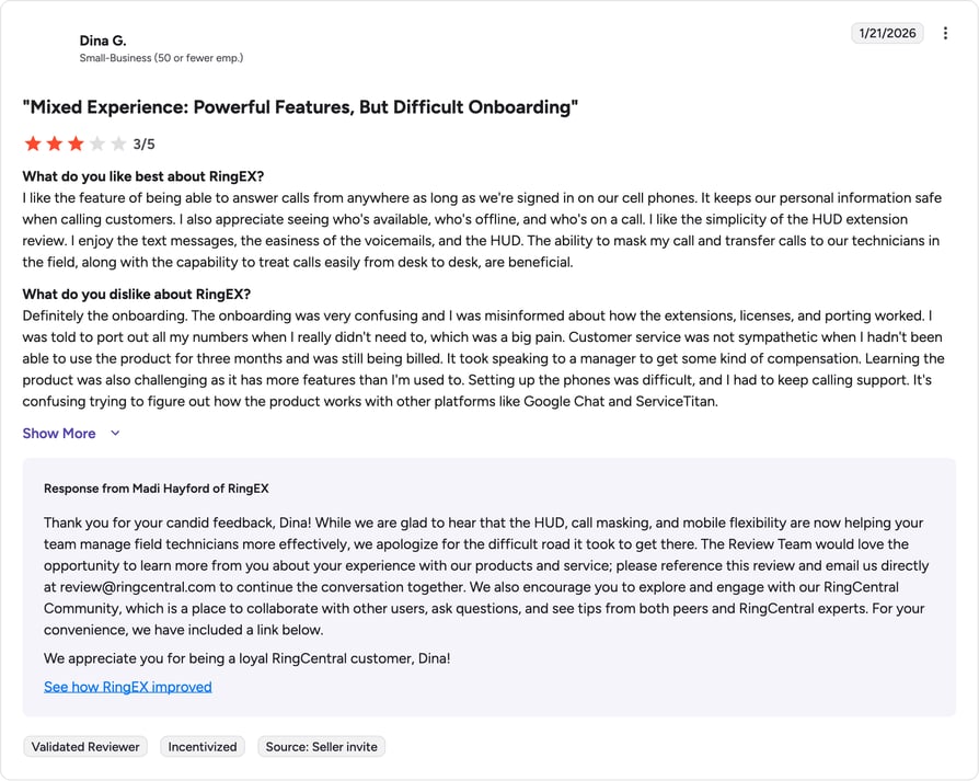 RingCentral G2 review rating summary