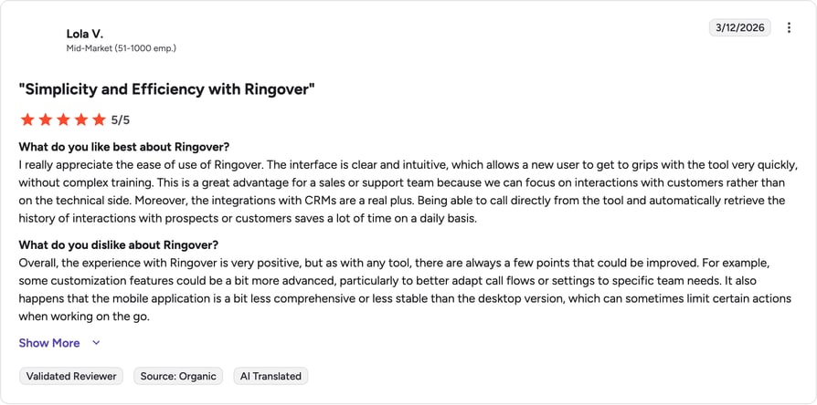 Ringover G2 review rating summary