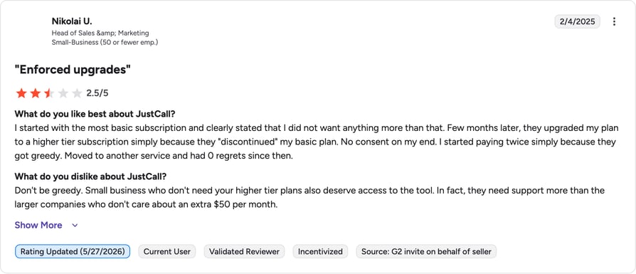 JustCall G2 review rating summary