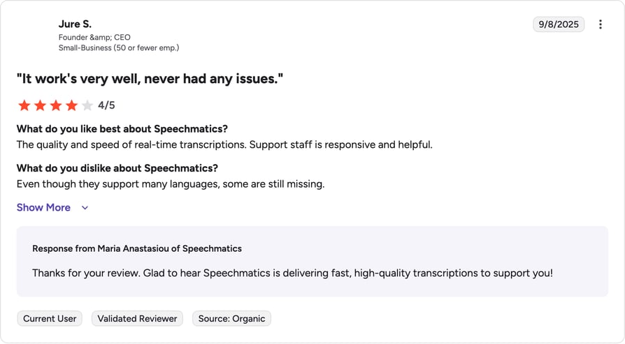 speechmatics g2 review rating summary