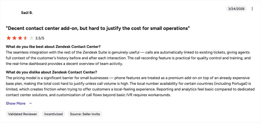 Zendesk Talk G2 review rating summary